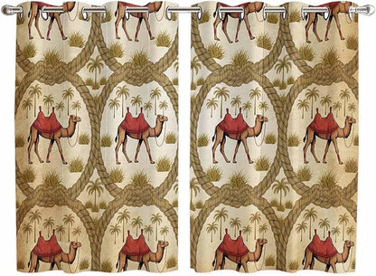 2 Panel Kitchen Cafe Curtains, Brown Desert Camels Sunlight Filtering Nature Air Through, Window Decor Tier Curtains for Living Room 104W x 63L inch Tropical Date Coconut Trees Cords Leaves