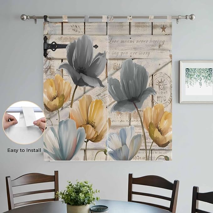 Spring Tulips Flower Bedroom Curtains 72 Inch Length, Window Curtains Tab Top, Vintage Floral Barn Doors Rustic Beige Light Filtering Window Treatments Drapes 52"x72" 2 Panel