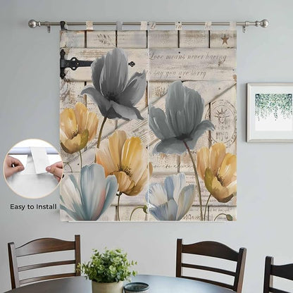 Spring Tulips Flower Bedroom Curtains 72 Inch Length, Window Curtains Tab Top, Vintage Floral Barn Doors Rustic Beige Light Filtering Window Treatments Drapes 52"x72" 2 Panel