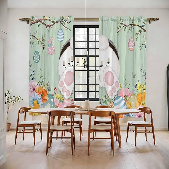 Easter Window Curtains 72 Inch Long 2 Panel Set, Rod Pocket Long Curtains & Drapes, Spring Watercolor Bunny Eggs Wooden Grain Green Light Filtering Window Treatment for Bedroom Living Room 52"W x 72"L