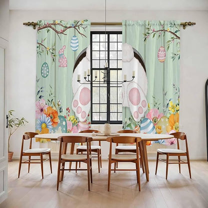 Easter Window Curtains 72 Inch Long 2 Panel Set, Rod Pocket Long Curtains & Drapes, Spring Watercolor Bunny Eggs Wooden Grain Green Light Filtering Window Treatment for Bedroom Living Room 52"W x 72"L
