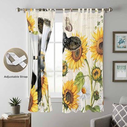 Yellow Sunflowers Living Room Curtains 84 Inch Length, Window Curtains Tab Top, Country Cow Flower Butterfly Farmhouse Cream Light Filtering Window Treatments Drapes 52"x84" 2 Panel