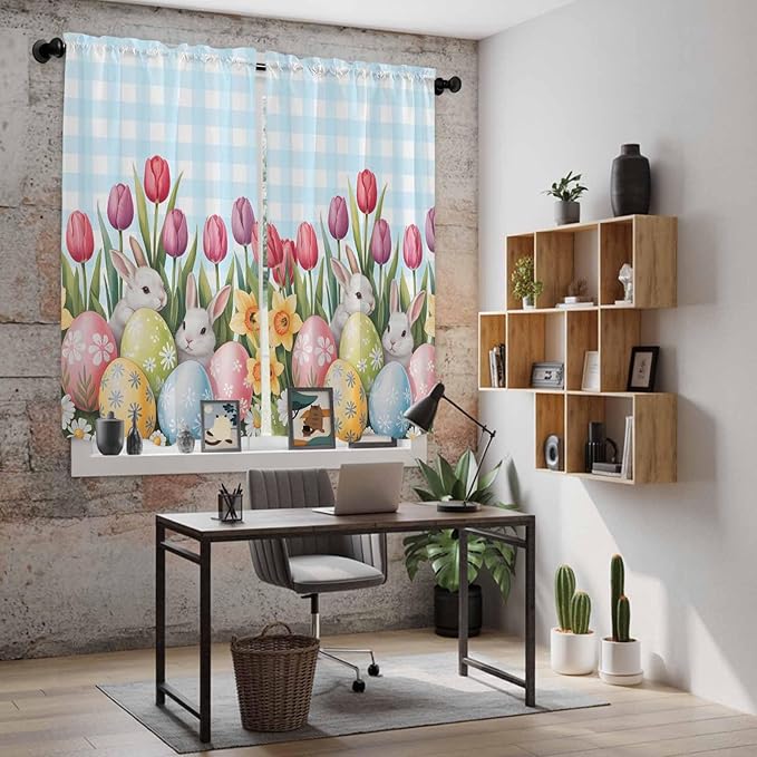 Easter Window Curtains 63 Inch Long 2 Panel Set, Rod Pocket Bedroom Curtains & Drapes, Spring Bunny Colorful Eggs Tulip Flowers Blue Check Light Filtering Window Treatment for Living Room 42"W x 63"L