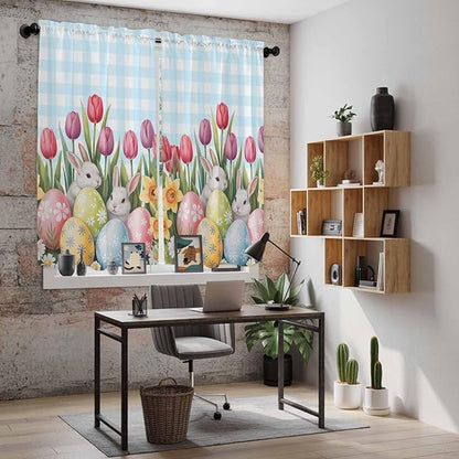 Easter Window Curtains 63 Inch Long 2 Panel Set, Rod Pocket Bedroom Curtains & Drapes, Spring Bunny Colorful Eggs Tulip Flowers Blue Check Light Filtering Window Treatment for Living Room 42"W x 63"L