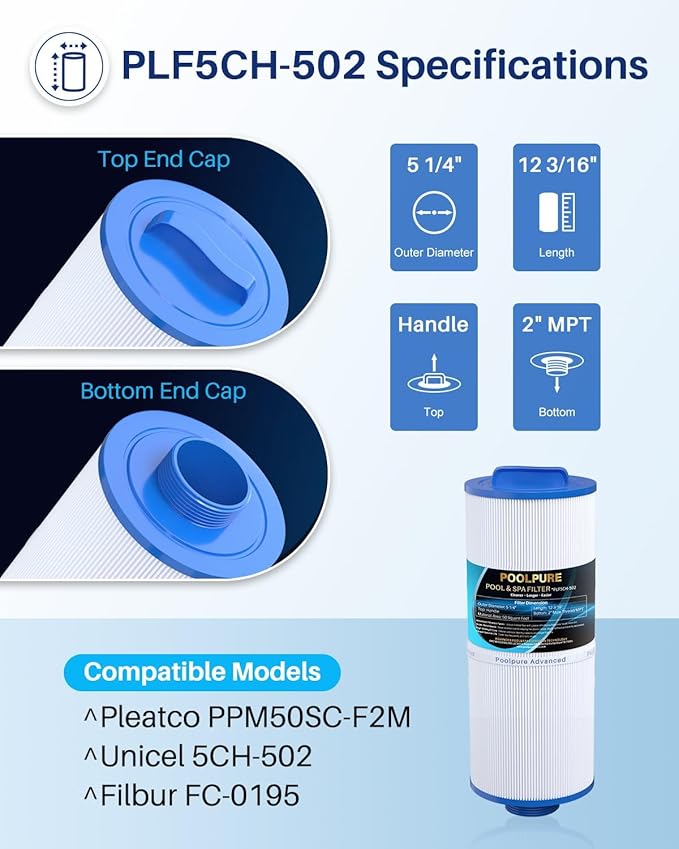 POOLPURE Pack of 16 5CH-502 Fine Thread Spa Filter Compatible with PPM50SC-F2M, Marquis Spa 20041, 20091, 370-0237, Marquis 50, 2” Male Thread/MPT Hot Tub Filter