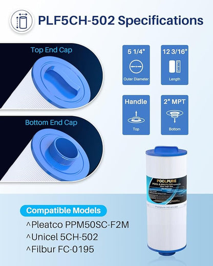 POOLPURE Pack of 16 5CH-502 Fine Thread Spa Filter Compatible with PPM50SC-F2M, Marquis Spa 20041, 20091, 370-0237, Marquis 50, 2” Male Thread/MPT Hot Tub Filter