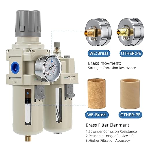 1/2" NPT Air Compressor Oil-Water Separator,Air Pressure Regulator,Compressed Air Filter Regulator Lubricator,Semi-Automatic Drain Polyethylene Bowl (0-150 PSI) Brass Components
