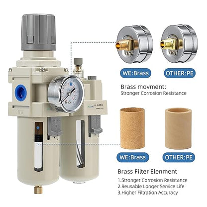 1/2" NPT Air Compressor Oil-Water Separator,Air Pressure Regulator,Compressed Air Filter Regulator Lubricator,Semi-Automatic Drain Polyethylene Bowl (0-150 PSI) Brass Components