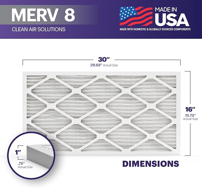 BNX TruFilter 16x30x1 Air Filter MERV 8 (4-Pack) - MADE IN USA – Dust & Pet Defense Electrostatic Pleated Air Conditioner HVAC AC Furnace Filters for Dust, Pet, Mold, Pollen MPR 600 – 700 & FPR 5