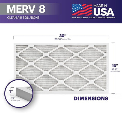 BNX TruFilter 16x30x1 Air Filter MERV 8 (4-Pack) - MADE IN USA – Dust & Pet Defense Electrostatic Pleated Air Conditioner HVAC AC Furnace Filters for Dust, Pet, Mold, Pollen MPR 600 – 700 & FPR 5