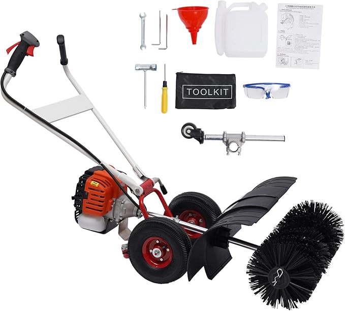 TFCFL 52CC 2 Stroke Gas Power Broom, 2.3HP Walk Behind Sweeper Outdoor Handheld Sweeper Snow Sweeping Broom, Artificial Brush Lawn Sweeper for Concrete Driveway Sidewalks and Lawn Garden