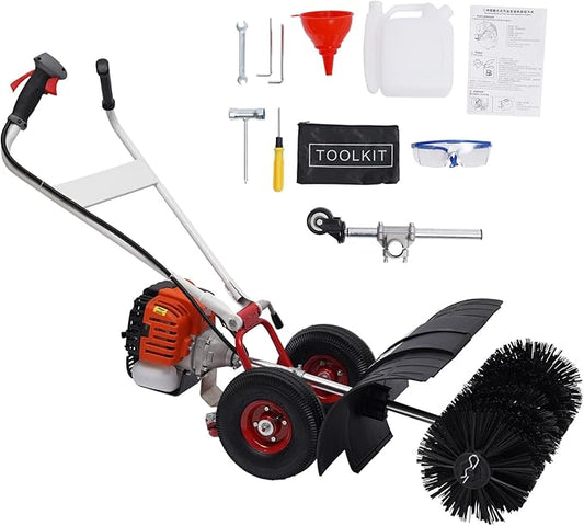 TFCFL 52CC 2 Stroke Gas Power Broom, 2.3HP Walk Behind Sweeper Outdoor Handheld Sweeper Snow Sweeping Broom, Artificial Brush Lawn Sweeper for Concrete Driveway Sidewalks and Lawn Garden