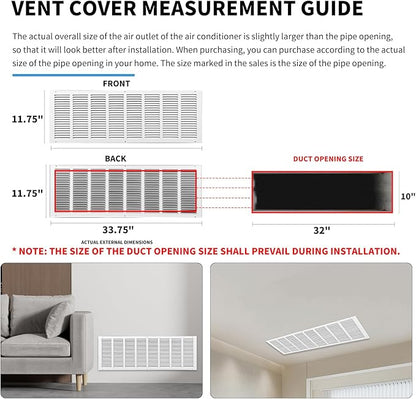 32 x 10 Vent Cover(Duct Opening Size),Air Return Vent Cover,Flat Vent Cover,Rejillas De Aire Acondicionado para Casa,Return Air Grilles,Outer Dimensions:33.75"Wx11.75"H(32"W x 10"H, Duct Opening)