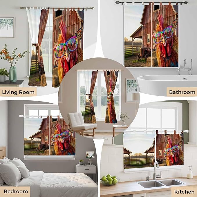 Farm Rooster Living Room Curtains 96 Inch Length, Window Curtains Tab Top, Farmhouse Barn Funny Animals Butterfly Light Filtering Window Treatments Drapes 52"x96" 2 Panel