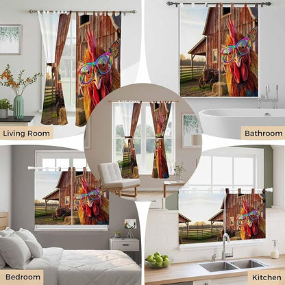 Farm Rooster Kitchen Curtains 45 Inch Length, Short Cafe Window Curtains Tab Top, Farmhouse Barn Funny Animals Butterfly Light Filtering Window Treatments Tier Drapes 27.5"x45" 2 Panel