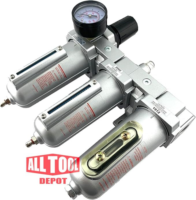 3 STAGE, HEAVY DUTY INDUSTRIAL GRADE FILTER REGULATOR COALESCING DESICCANT DRYER SYSTEM FOR COMPRESSED AIR LINE, METAL BOWLS, GREAT FOR PAINT SPRAY AND PLASMA CUTTER W/ELEMENTS(1/2"NPT, MANUAL DRAIN)