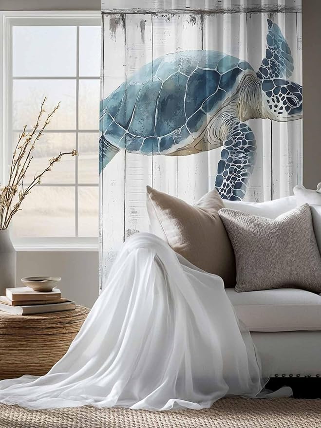 Sheer Curtains 72 Inches Long, Sea Turtle Teal Blue Semi Sheer Curtains Light Filtering Window Treatment, Summer Coastal Ocean Wood Grain Privacy Voile Drapes for Living Room Bedroom 52x72 Inch
