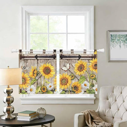 Farmhouse Sunflowers Kitchen Curtains 24 Inch Length, Small Window Curtains Tab Top, Rustic Barn Doors Flowers Butterfly Wooden Light Filtering Short Window Treatments Tier Drapes 27.5"x24" 2 Panel
