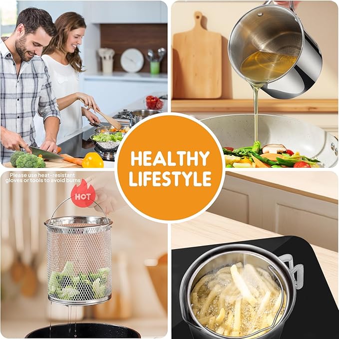 Chihee Grease Container Deep Fryer 2 in 1 Stainless Steel Bacon Grease Saver with Fine Mesh Strainer Fry Basket 2L / 67.6 fl oz Oil Container Grease Can with Lid Tray for Kitchen Storing Frying