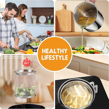 Chihee Grease Container Deep Fryer 2 in 1 Stainless Steel Bacon Grease Saver with Fine Mesh Strainer Fry Basket 2L / 67.6 fl oz Oil Container Grease Can with Lid Tray for Kitchen Storing Frying