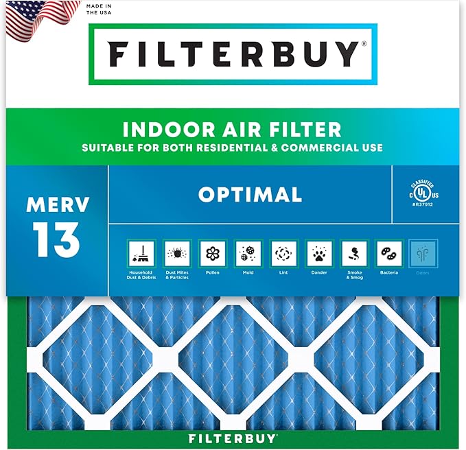 Filterbuy 11.25x11.25x1 Air Filter MERV 13 Optimal Smoke & Allergy Defense (1-Pack), Electrostatic Pleated HVAC AC Furnace Filters Replacement, Made in USA (Actual Size: 11.25 x 11.25 x 0.75)
