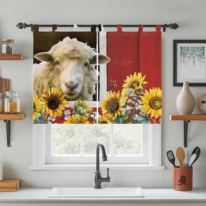 Sheep Flowers Bedroom Curtains 63 Inch Length, Window Curtains Tab Top, Country Red Barn Botanical Sunflowers Light Filtering Window Treatments Drapes 42"x63" 2 Panel