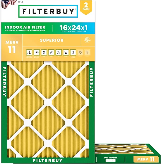Filterbuy 16x24x1 Air Filter MERV 11 Superior Pet & Allergy Defense (2-Pack), Electrostatic Pleated HVAC AC Furnace Filters Replacement, Made in USA (Actual Size: 15.38 x 23.38 x 0.75)