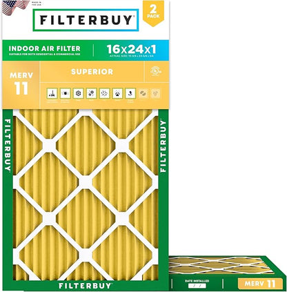 Filterbuy 16x24x1 Air Filter MERV 11 Superior Pet & Allergy Defense (2-Pack), Electrostatic Pleated HVAC AC Furnace Filters Replacement, Made in USA (Actual Size: 15.38 x 23.38 x 0.75)