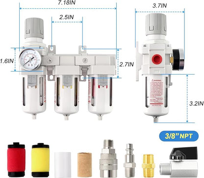 Industrial 3/8" NPT 3 Stage Air Drying System,Coalescing Filter, Particulate Filter and Air Regulator, Manual Drain for Air Tools and Spray Paint Gun
