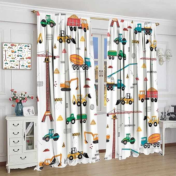 Construction Window Curtains, Kids Cartoon Construction Machines Building Hand Drawn Doodle Rod Pocket Decorative Windows Curtain for Children Teens Room Decor 42x54in (30% Blackout)