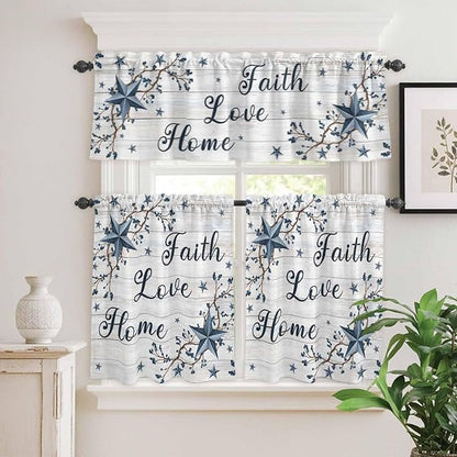 Farmhouse Kitchen Curtains Set 3 Piece for Windows,Rod Pocket Valance and Tier Set 36 Inch Length,Blue Country Texas Star Vintage Berries Wooden Light Filtering Cafe Curtains for Living Room