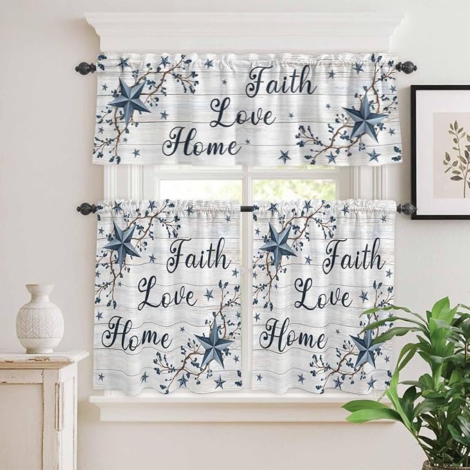 Farmhouse Kitchen Curtains Set 3 Piece for Windows,Rod Pocket Valance and Tier Set 24 Inch Length,Blue Country Texas Star Vintage Berries Wooden Light Filtering Cafe Curtains for Living Room