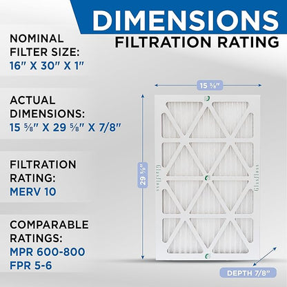 Glasfloss 16x30x1 MERV 10 (FPR 5-6) Pleated Air Filters Box of 6. Actual Size: 15-5/8 x 29-5/8 x 7/8