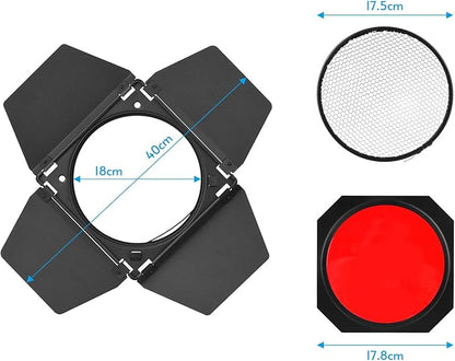 GODOX Barn Door with Honeycomb Grid 4 Color Gel Filters for 7 Inch Standard Reflector Replacement for GODOX SL60W SL150II SK400II Studio Light Portrait Still Life Photography