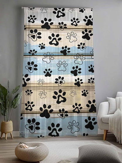 Sheer Curtains 108 Inches Long, Blue Dog Paw Print Semi Sheer Curtains Light Filtering Window Treatment, Vintage Farmhouse Rustic Wooden Grain Privacy Voile Drapes for Living Room Bedroom 52x108 Inch