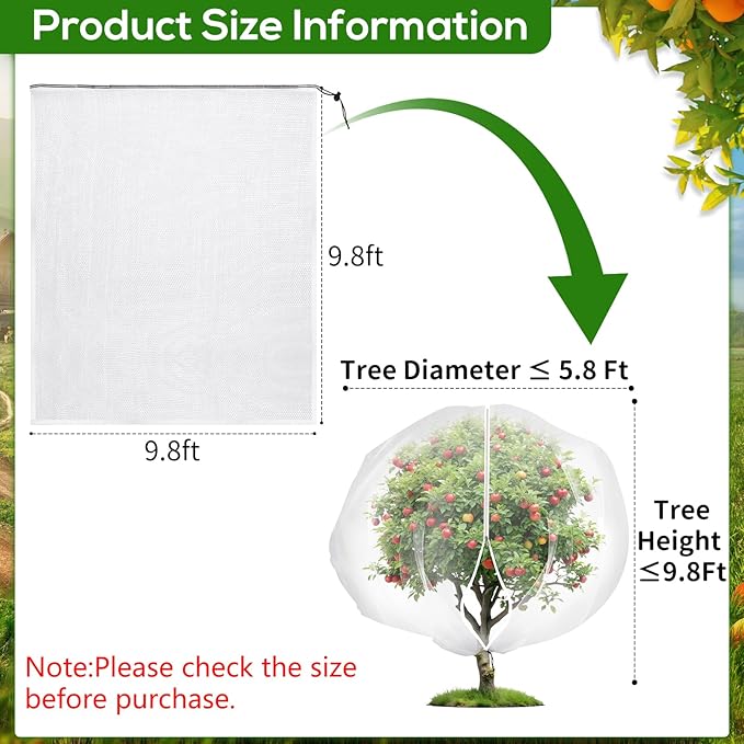 9.8 x 9.8 ft Large Fruit Tree Netting Cover with Zipper and Drawstring,Garden Insect Netting Plant Cover Transparent Bird Plant Barrier Flower Fruit Mesh Screen for Preventing Deer Squirrel Bug