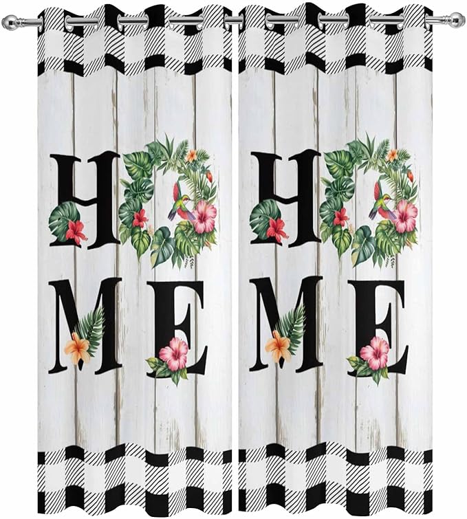 Summer Outdoor Curtains for Patio Leaves Garland Plumeria Wood Buffalo Plaid Waterproof Outside Curtains with Grommet Top Weatherproof Curtain for Cabana Pergola Gazebo, 2 Pack, 54" W x 108" L