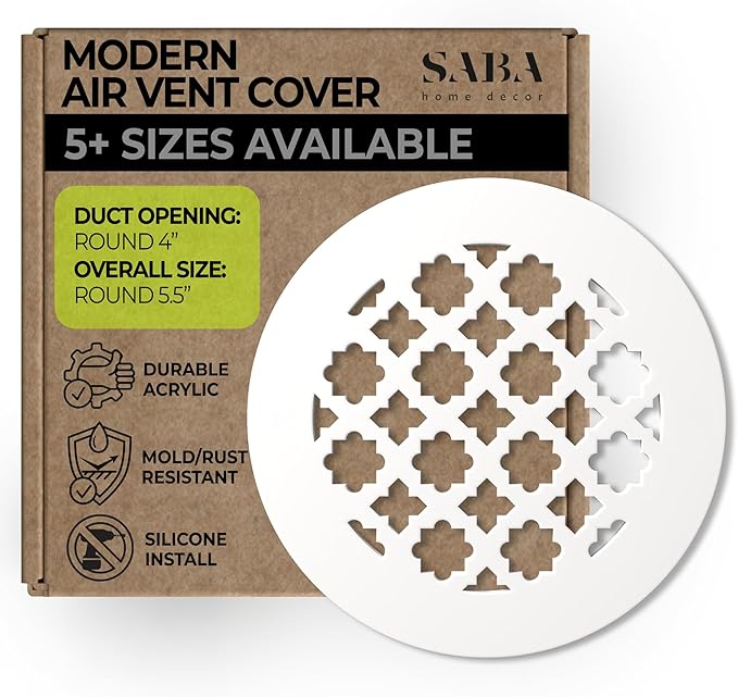 SABA Home Decor Air Vent Cover Grille - Acrylic Plexiglass 4 Round Duct Opening (5.5 Round Overall) White Finish Decorative Register Covers for Walls and Ceilings NOT for Floor USE, Venetian (2PCs)