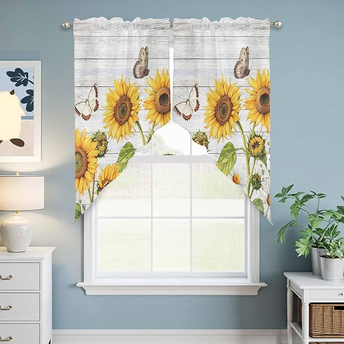 Yellow Sunflowers Swag Valances for Windows, Vintage Country Flowers Butterfly Wood Board Rod Pocket Kitchen Curtains Valance, Small Window Curtains Swag for Cafe Living Room, 2 Panels, 36x36 inch