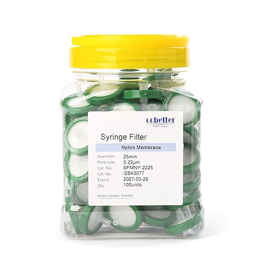 100 Pack Syringe Filter Nylon Lab Filters 0.22μm Pore Size 25mm Diameter Hydrophilic Filtration Non-sterile Green