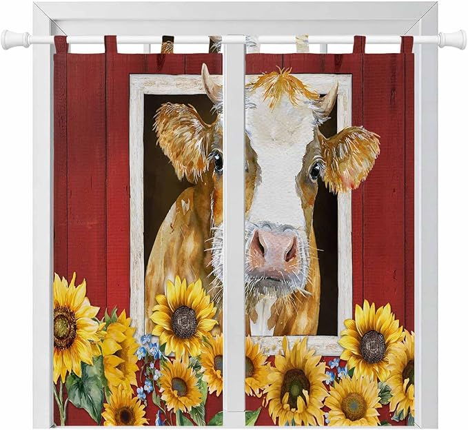 Cows Sunflowers Bathroom Curtains 63 Inch Length, Window Curtains Tab Top, Spring Floral Bees Farmhouse Barn Light Filtering Window Treatments Drapes 52"x63" 2 Panel