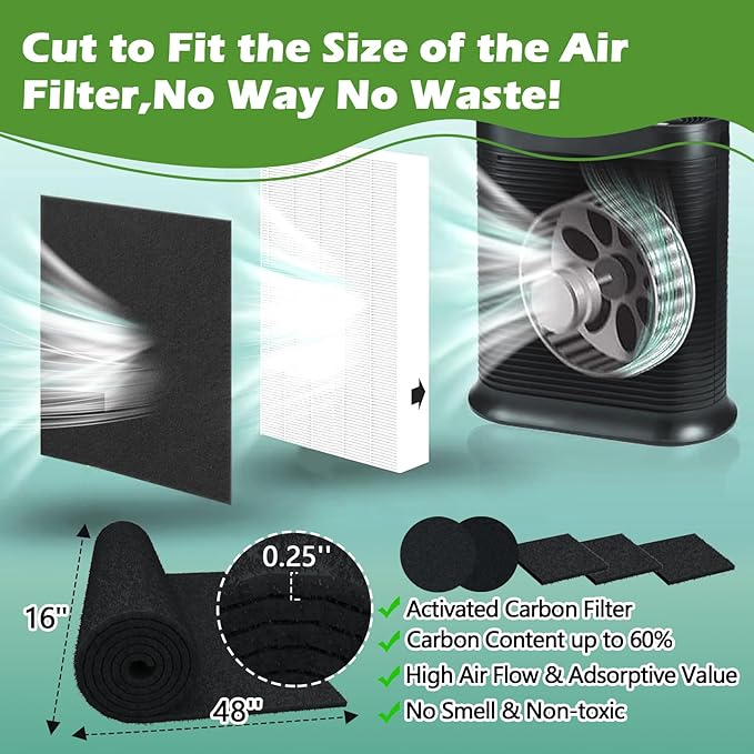 Cut to Fit Carbon Air Purifier Filter Roll, 16x48x1/4 inches Size Activated Charcoal Dust Filter Sheet,Carbon Pad Replacement for Air Vent,AC,Range Hood,Pond,Compost Bin,Odor Absorbing