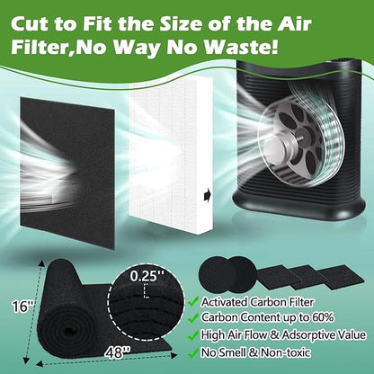 Cut to Fit Carbon Air Purifier Filter Roll, 16x48x1/4 inches Size Activated Charcoal Dust Filter Sheet,Carbon Pad Replacement for Air Vent,AC,Range Hood,Pond,Compost Bin,Odor Absorbing
