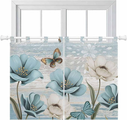 Spring Floral Kitchen Curtains 45 Inch Length, Short Cafe Window Curtains Tab Top, Vintage Tulips Flower Butterfly Retro Wood Blue Light Filtering Window Treatments Tier Drapes 27.5"x45" 2 Panel