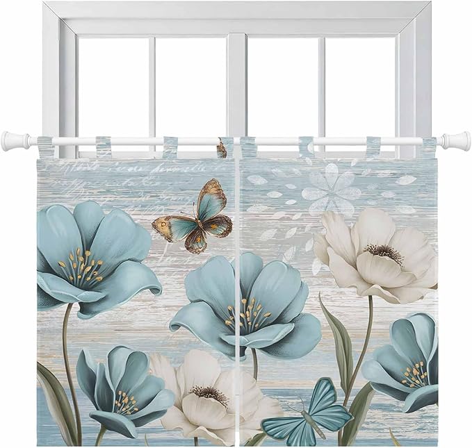 Spring Floral Bedroom Curtains 63 Inch Length, Window Curtains Tab Top, Vintage Tulips Flower Butterfly Retro Wood Blue Light Filtering Window Treatments Drapes 42"x63" 2 Panel