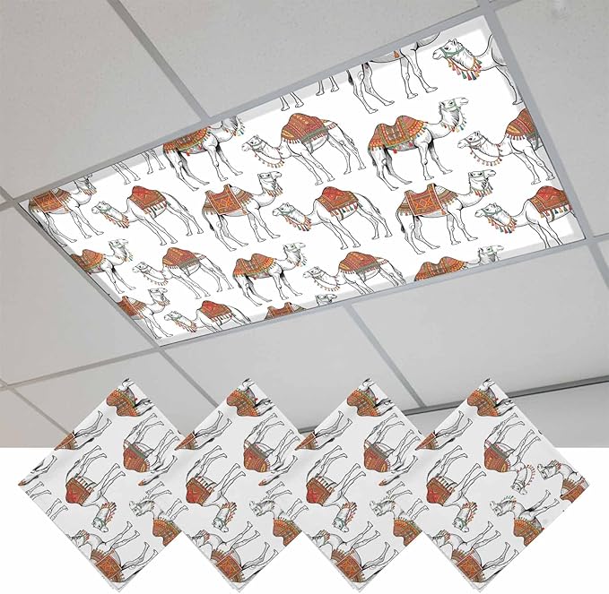 4 Pack Fluorescent Light Cover, Sand Camel Light Covers for Ceiling Lights, Vintage Farmhouse Desert Animals Camel Magnetic Lights Filters Ceiling Shade for Classroom/Office - 4 x 2 Feet