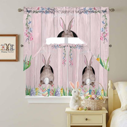 Swag Valance Curtains, Easter Cute Rabbit and Colorful Eggs Rod Pocket Valances Swag Topper for Kitchen Windows, Pink Farm Wooden Barn Light Filtering Short Curtain for Bedroom Bathroom 56x36In