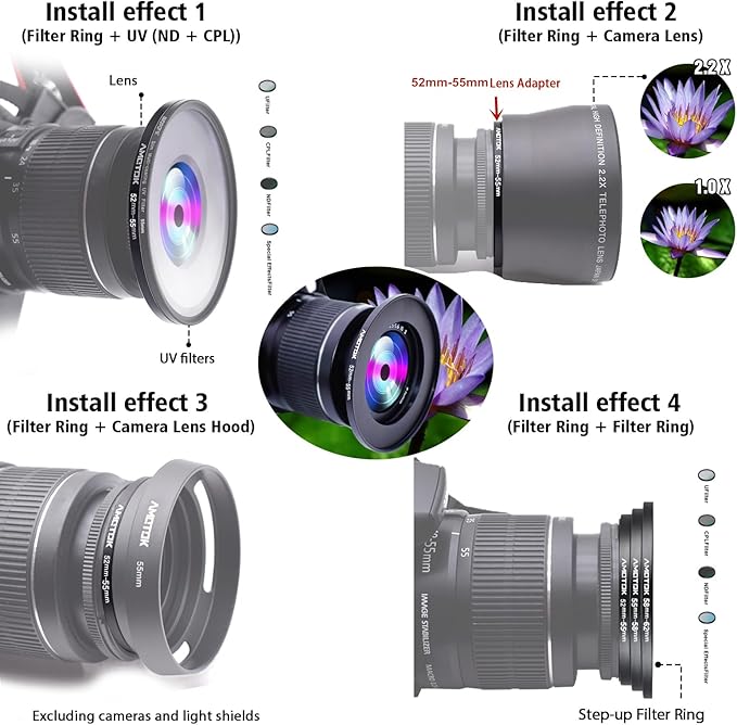 52mm Lens to 55mm Camera Lens Adapter,52mm-55mm Filter Step up Ring Adapter Ring,Compatible All 55mm Filter Accessory.Made from CNC Machined