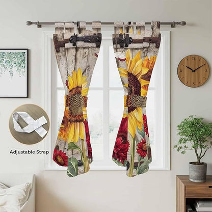 Sunflowers Bedroom Curtains 72 Inch Length, Window Curtains Tab Top, Retro Flower Barn Doors Butterfly Farmhouse Brown Light Filtering Window Treatments Drapes 52"x72" 2 Panel