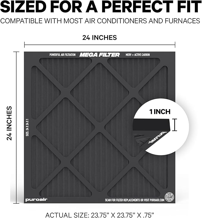 PuroAir MegaFilter - 24x24x1 Air Filter MERV 13 Activated CarbonTech Defense - Heavy Duty 3 Layer Furnace Filters Allergens, Pollen, Dust, Pet Dander, Smoke, Odors - HVAC Air Filter 24x24x1 (2-Pack)